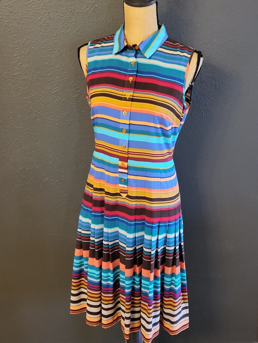 Calvin Klein 6 Petite Collared Sleeveless Shirt Dress Blue/Brown/Red Stripes